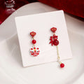 Red Lion Dance Fu Charm Asymmetric Drop Earrings Pearls view 3