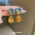 Teal Crystal Semicircle Champagne Teardrop Statement Earrings view 4