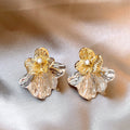 Two Tone Folded Petal Flower Stud Earrings with Crystal Centers view 3