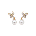 Butterfly and Pearl Drop Stud Earrings in Gold and Silver view 5