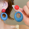 Glossy Red and Blue Open Oval Statement Drop Stud Earrings view 4