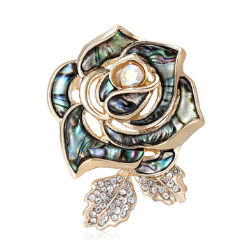 Gold Tone Abalone Shell Rose Brooch Rhinestone Leaves