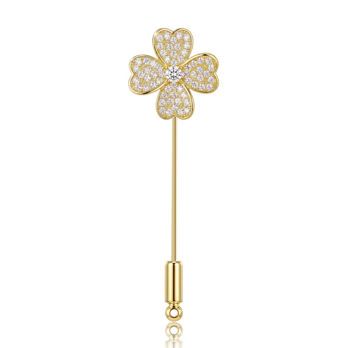 Long Four Leaf Clover Stick Pin In Silver Or Gold Tone