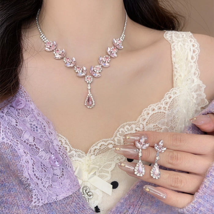 Pink Crystal Flower Necklace Earring Set Silver Tone Teardrop