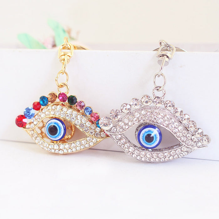 Blue Evil Eye Keychain With Rhinestone Frame, Gold And Silver Tones