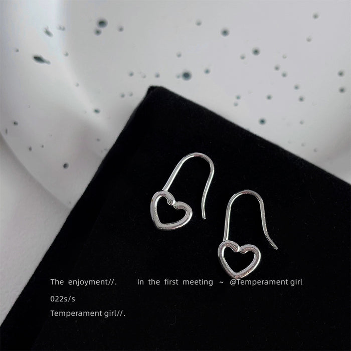 Silver Open Heart Wire Hook Drop Earrings Minimal Pair