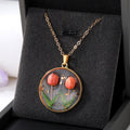 Gold Tone Round Raised Tulip Pressed Flower Resin Necklaces view 3