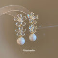 Silver Tone Floral Crystal Pearl Drop Stud Earrings view 3