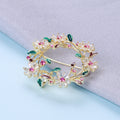 Floral Crystal Wreath Brooch With Green and Burgundy Leaves view 3