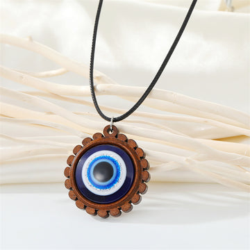 Wood Scalloped Round Blue Evil Eye Pendant Necklace on Black Cord