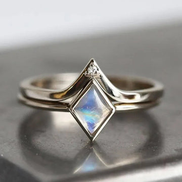Silver Tone Rhombus Moonstone Look Stacking Ring Set Sizes 6-10