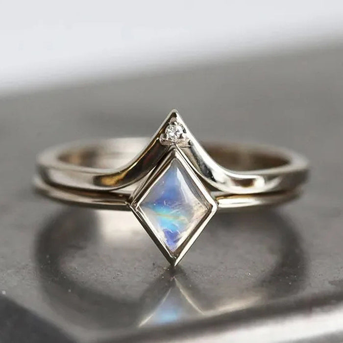 Silver Tone Rhombus Moonstone Look Stacking Ring Set Sizes 6-10