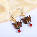 Wood Look Walking Cat Bead Long Hook Dangle Earrings view 3