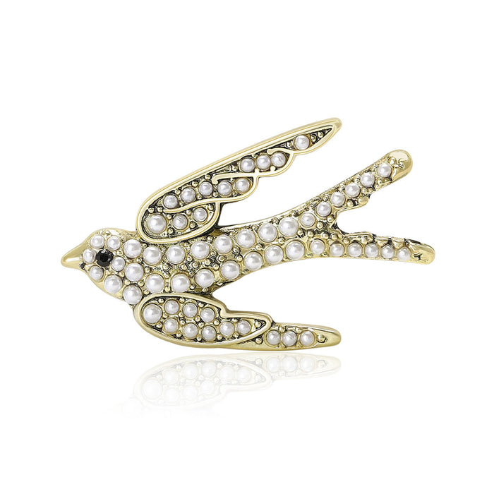 Antique Bronze Silver Pearl Beaded Swallow Bird Brooch