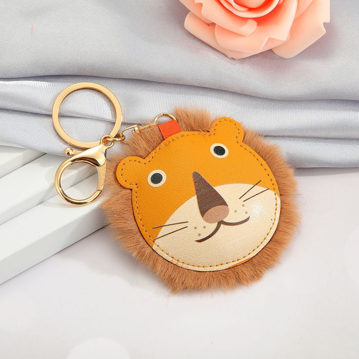 Brown Lion Head Faux Fur Keychain with Gold Tone Split Ring