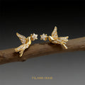 Gold-Tone Pave Bird Holding Crystal Flower Stud Earrings view 1