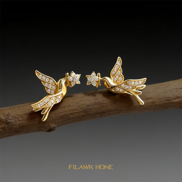 Gold-Tone Pave Bird Holding Crystal Flower Stud Earrings