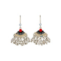 Silver Tone Beaded Fan Drop Earrings with Red and Black Accents view 5