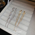 Crystal Bow Stud Earrings with Fine Chain Tassel Drops view 2