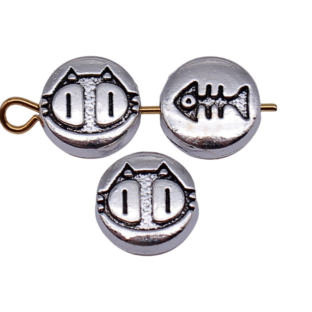 9.2x8.9x3.8mm 1.2g Antique Silver Zinc Alloy Cat Fishbone Pattern Round Flat Spacer Fish Beads for DIY Jewelry