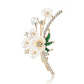 Shell Effect Blossom Branch Brooch With Green Leaves and Crystals view 5