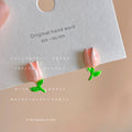 Pink Enamel Tulip Stud Earrings Green Leaf Accents Pair view 3