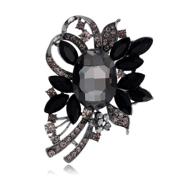 Black White Flower Crystal Metal Brooch Pin 5 x 6.8 cm