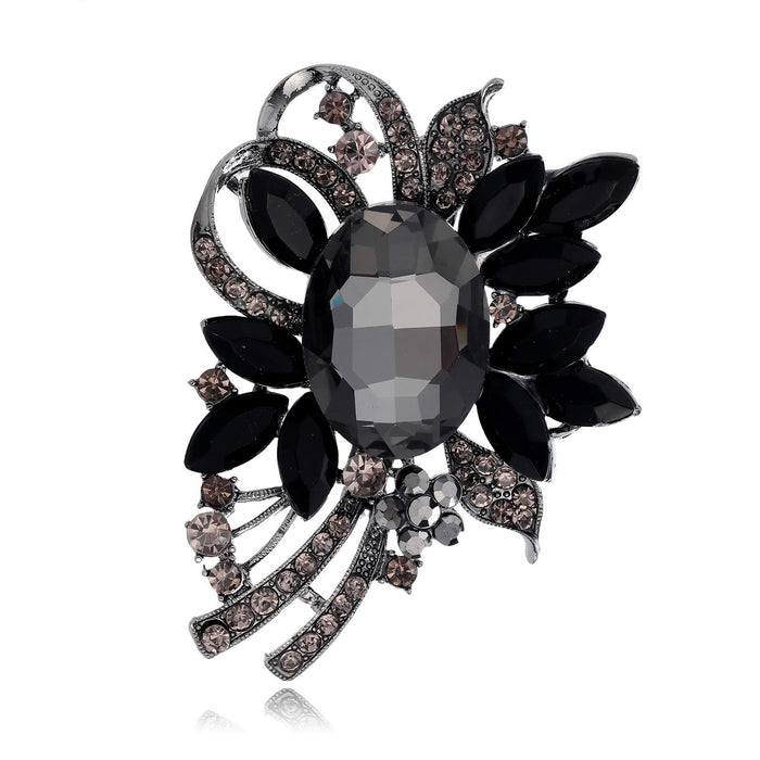 Black White Flower Crystal Metal Brooch Pin 5 x 6.8 cm