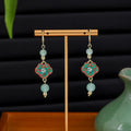 Turquoise Cloud Scroll Green Bead Long Hook Earrings view 1