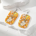 Gold Tone Rectangular Floral Print Acrylic Hook Earrings in Four Colors view 4