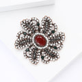 Antique Tone Floral Brooch with Red Center Stone Decorative Metal Pin view 4