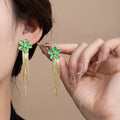 Green Flower Gold Chain Extra Long Tassel Stud Earrings view 1