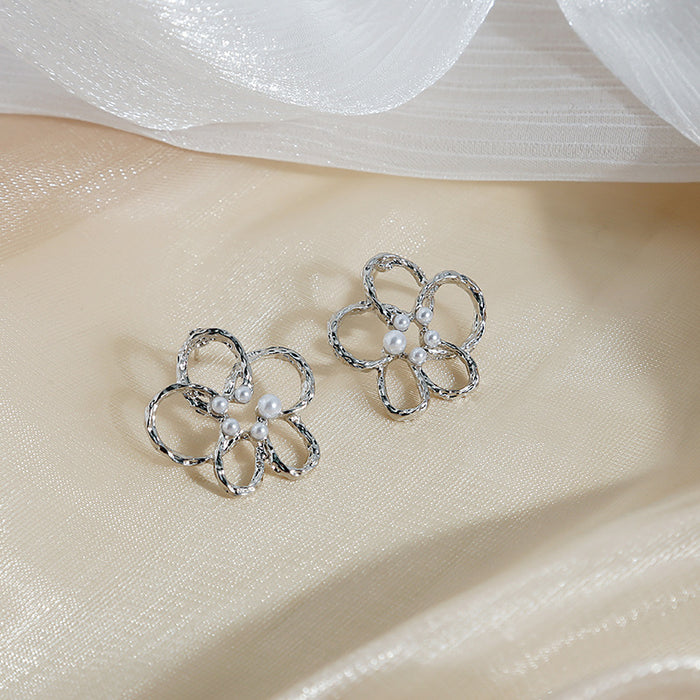 Silver Hammered Open Flower Stud Earrings Pearl Center