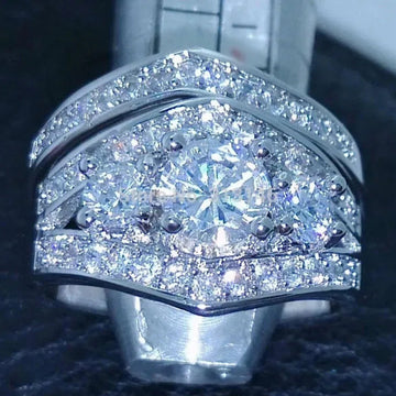 Silver Tone Round Crystal Layered Ring Set Statement Jewelry