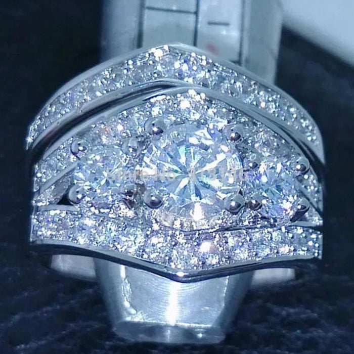 Silver Tone Round Crystal Layered Ring Set Statement Jewelry