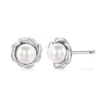 Silver White Pearl Twisted Petal Knot Stud Earrings view 1