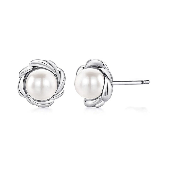 Silver White Pearl Twisted Petal Knot Stud Earrings