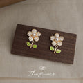 Crystal Pave Flower Stud Earrings Pearl Center Leaf Drop view 3