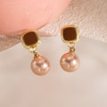 Brown Square Pearl Look Gold Tone Dangle Stud Earrings view 3