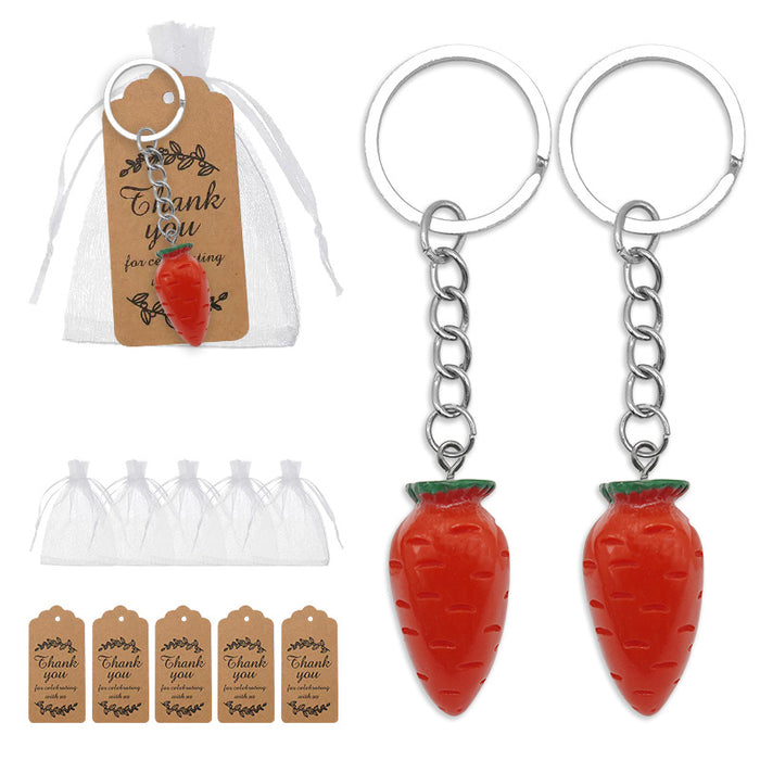 Red Carrot Charm Keychain Green Top Silver Ring Chain