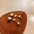 White Rose Flower Stud Earrings Gold Wave Pearl Dangles view 4