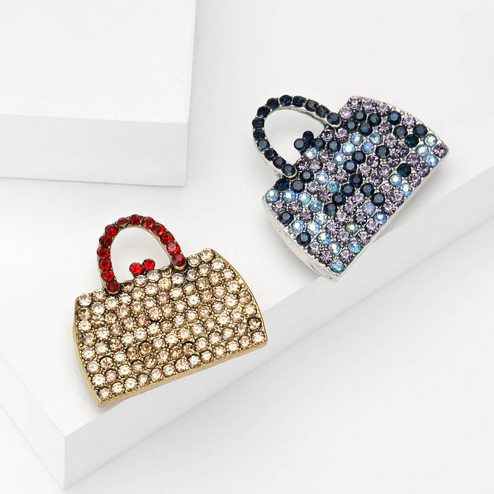 Crystal Handbag Brooch in Blue Gray or Warm Brown Stones