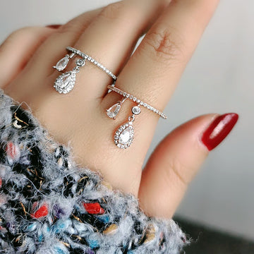 Open Adjustable Thin Band Teardrop Dangle Ring Three Metal Tones
