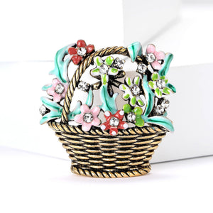 Enamel Flower Basket Brooch Antique Gold Tone Rhinestones