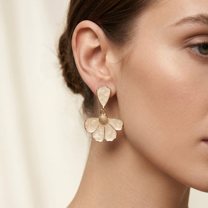White Translucent Four Petal Gold Tone Dangle Earrings