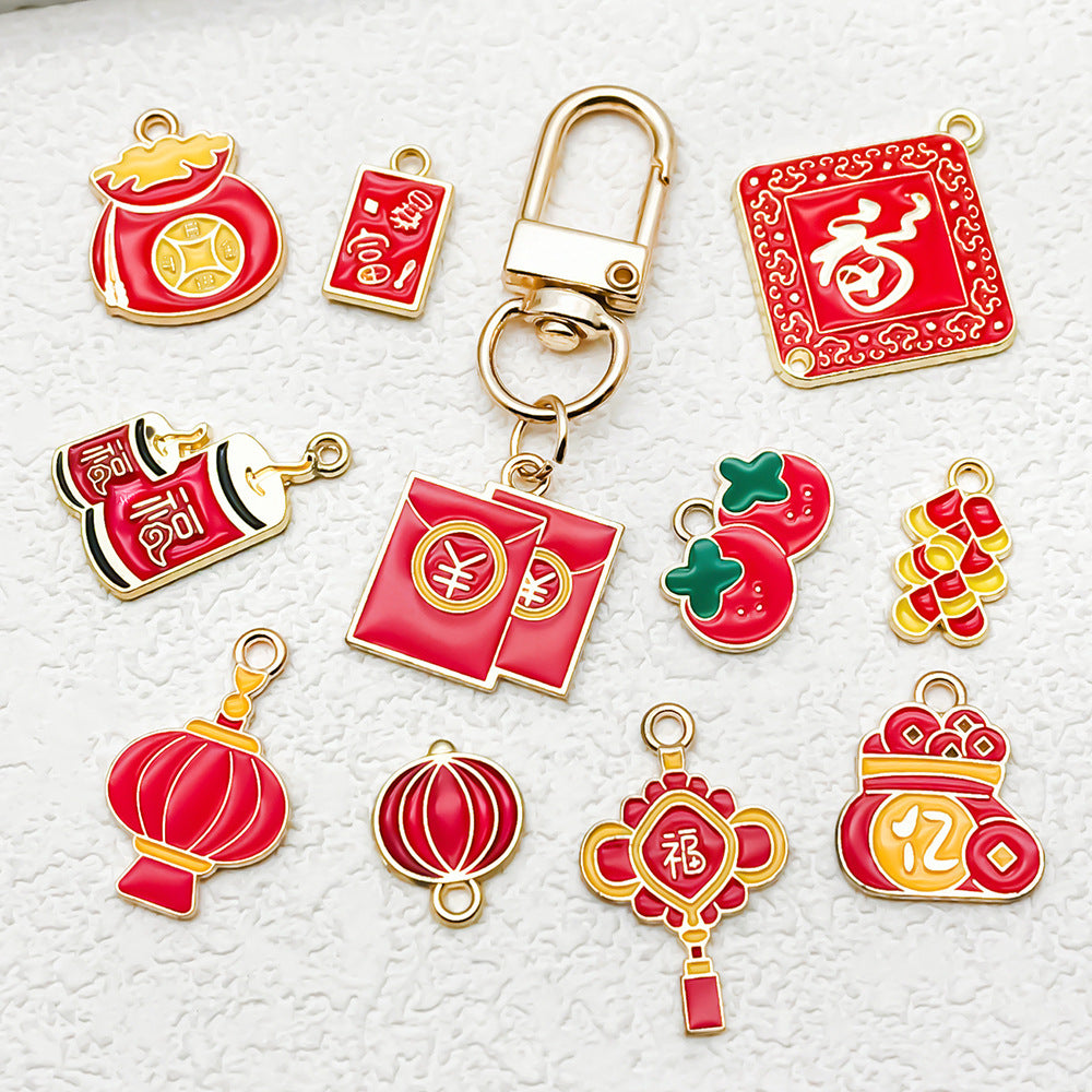 Enamel Zinc Alloy Red Envelope Fu Lantern Tag Charm Pendant for DIY New Year Jewelry
