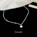 Pearl Turquoise Bead Necklace Oval Shell Pendant Silver view 2
