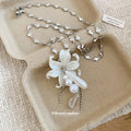 White Flower Pearl and Blue Teardrop Pendant Necklace view 4