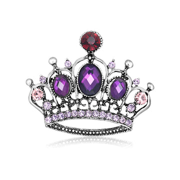 Red Purple Silver Tone Crown Openwork Crystal Metal Brooch Pin
