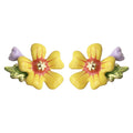 Yellow Enamel Flower Stud Earrings Purple Bud Leaf view 5